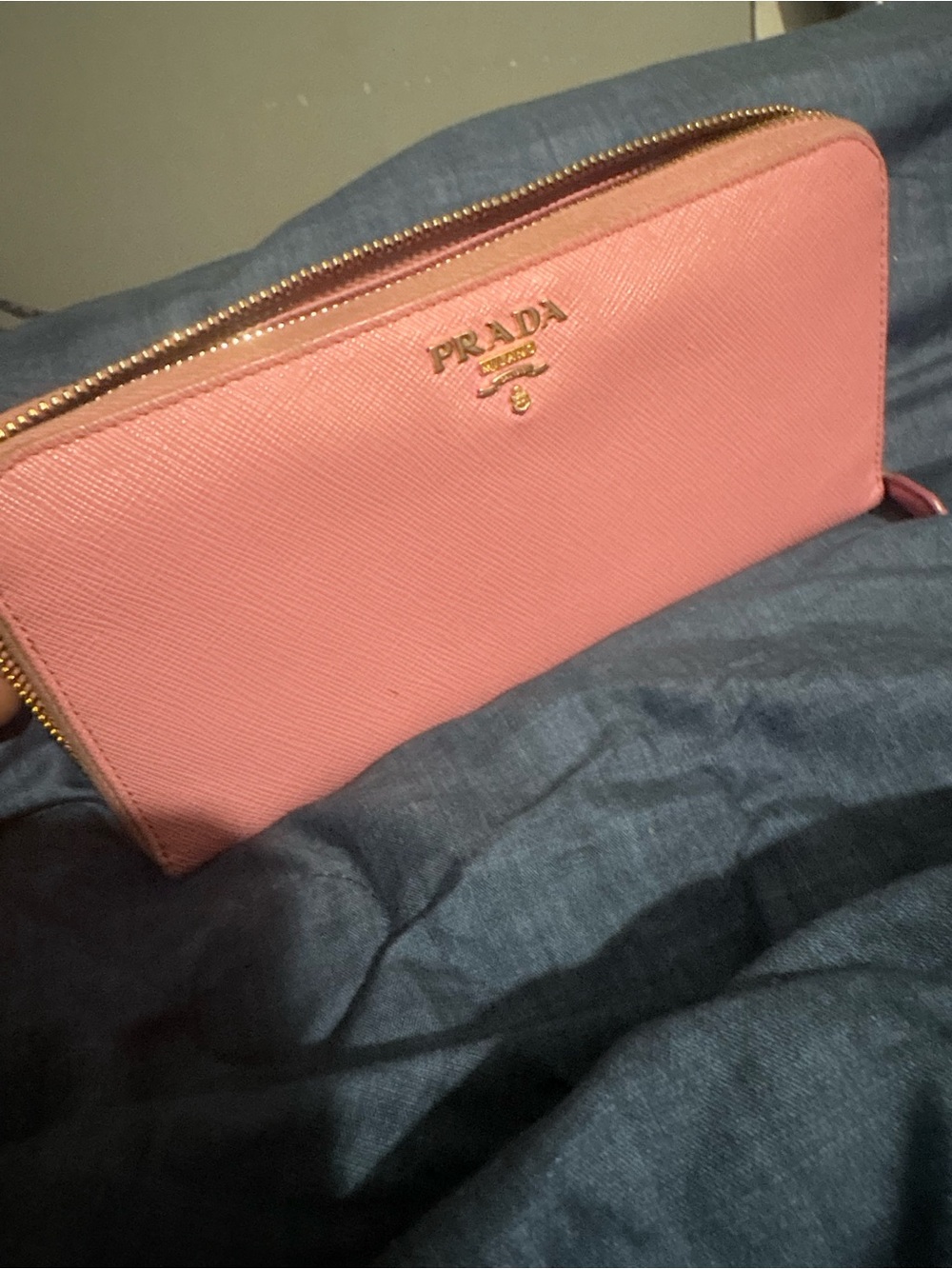Prada Pink Saffiano Zip Wallet with Gold Hardware